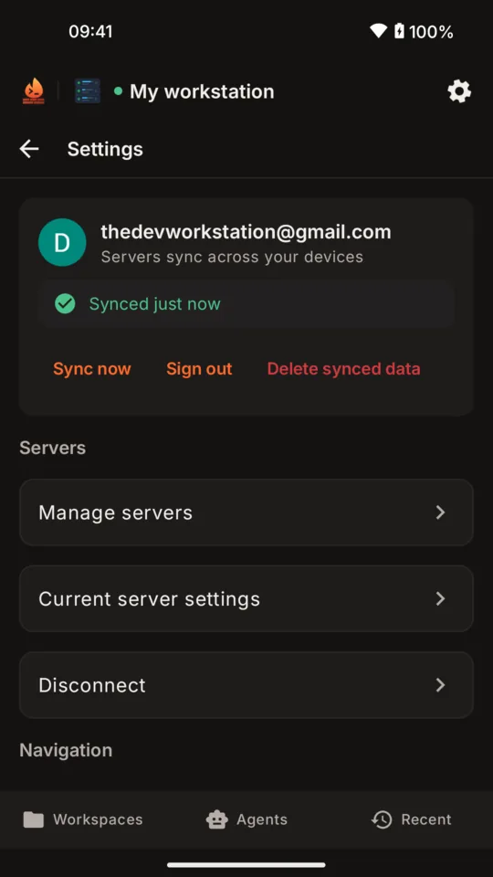 Settings with a Google account signed in, servers synced just now, and Sync now, Sign out and Delete synced data.