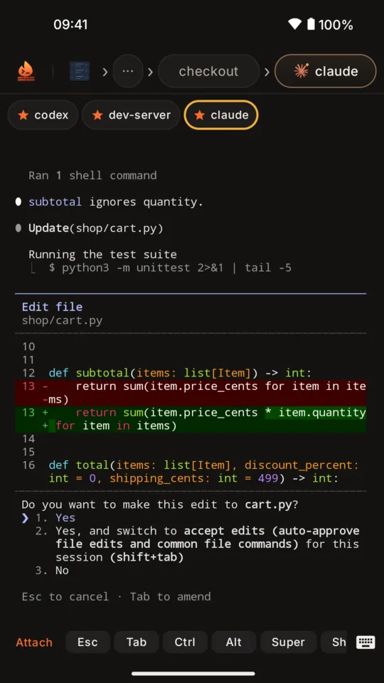 Claude Code in its pane asking whether to make an edit to cart.py, with a red and green diff and numbered answers above the key strip.