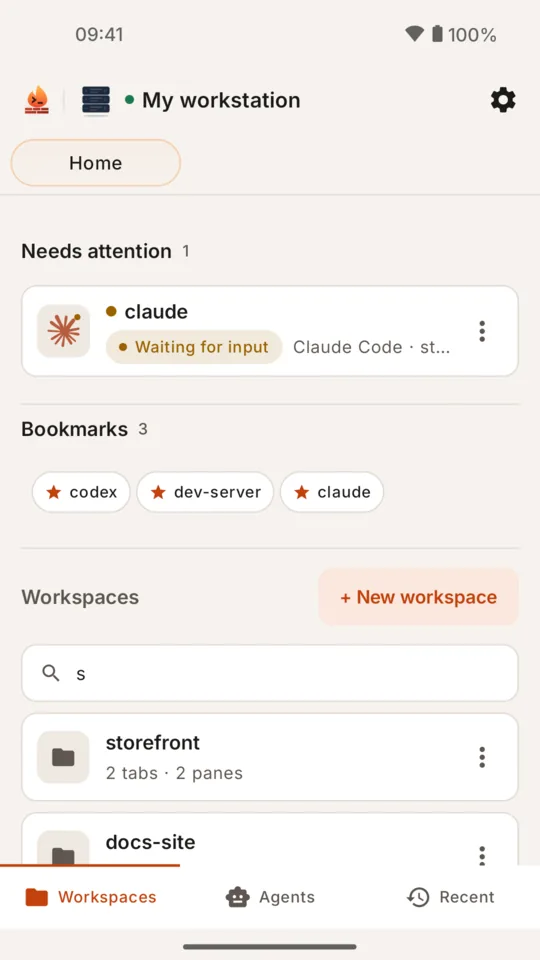 Server home in the light theme with Needs attention, bookmarks and workspaces.