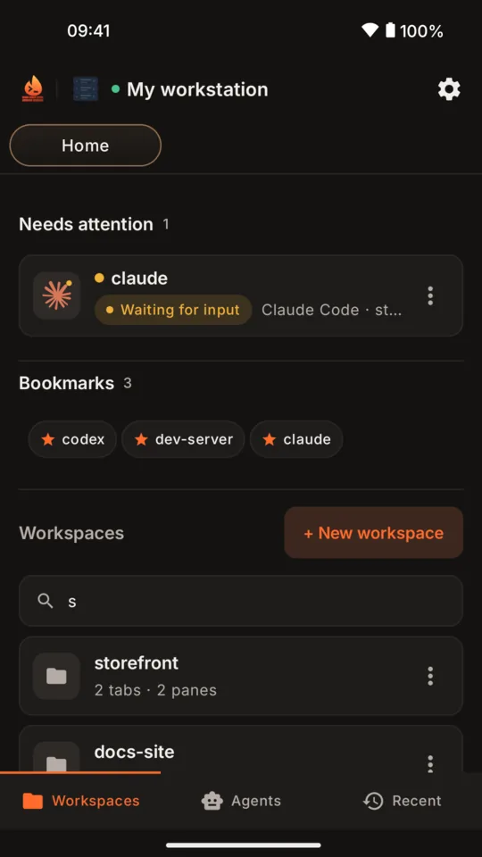 Server home in dark theme: claude under Needs attention, waiting for input, then bookmarks and the storefront and docs-site workspaces.