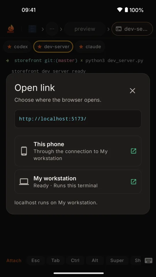 The Open link dialog for http://localhost:5173/ with two choices: This phone, through the connection to My workstation, and My workstation, ready, runs this terminal.